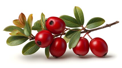 A cluster of ripe red berries with vibrant green leaves attached to a thin brown branch against a white background