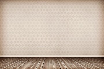 Flat design scene is showing empty room with wooden floor planks, patterned wallpaper, baseboard