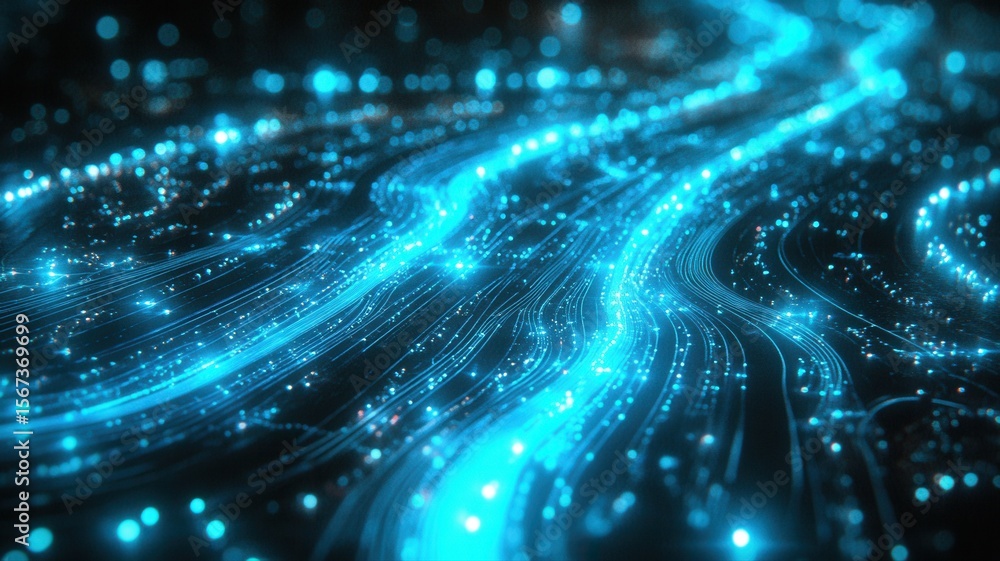 Poster abstract digital data flow network - futuristic blue glowing lines and particles data network blue