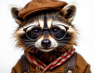 an adorable raccoon dressed as a detective. the raccoon is wearing glasses, a hat, and has a little mustache. it's also sporting a brown jacket with a red scarf around its neck