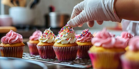 A home kitchen filled with cupcakes being decorated for a birthday or festive celebration