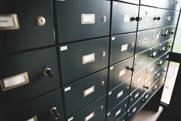 Depicting flat design dark-gray safe deposit box grid glowing under daylight window, keys dangling