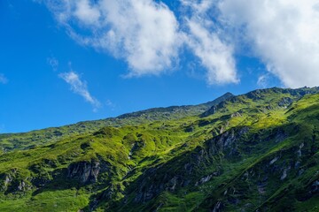 A stunning view of a steep mountain slope adorned with lush green vegetation, contrasting beautifully with a bright blue sky and fluffy white clouds, perfect for outdoor adventure themes.