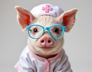 this is a creative and humorous photograph of an adorable pig in a nurse's uniform, complete with glasses and what appears to be a badge of some sort