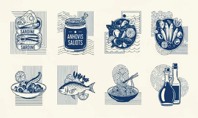Collection of seafood illustrations with sardines, anchovies, and other fish dishes