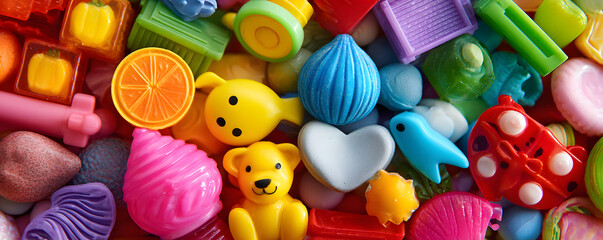 Colorful plastic toys and trinkets in a pile.