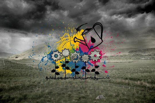 Fototapeta Graphic of watering can watering cogwheels on dark landscape