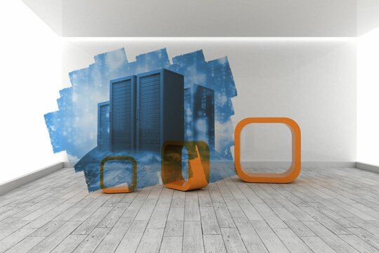 Abstract screen in room showing server towers