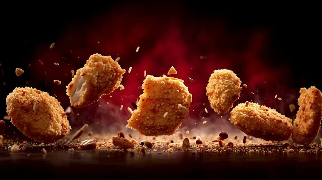 Crispy breaded chicken pieces flying mid-air, golden crust breaking with floating crumbs and spices, dramatic spotlight, deep red smoky background. Ultra-crisp, high-speed food 

