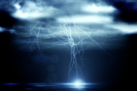 Fototapeta Stormy dark sky with lightning bolts