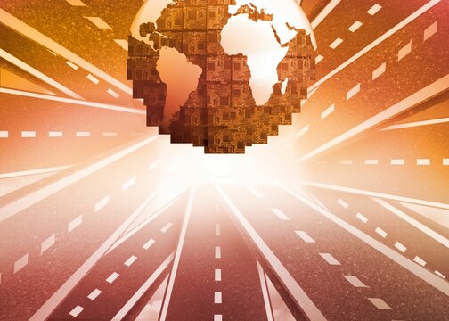 Fototapeta Digitally generated earth floating over streets