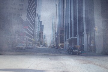 Flat design urban street scene is showing plaza, office towers, traffic light, parked cars © vectorfusionart