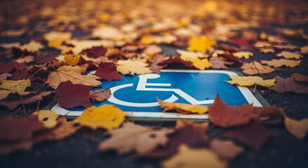 Autumnal Accessibility Leaves Scatter On A Handicapped Parking Symbol Sign Concept