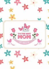Flat design Mother's Day card is featuring beige border, roses, daisies, birds, butterflies, ribbon