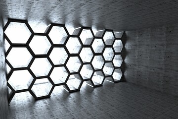 Minimalist concrete chamber is featuring honeycomb hexagonal grid casting bright light and shadows