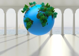 Flat design Earth globe is floating inside marble portico, showing round arches and tree clusters