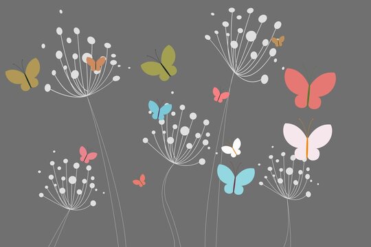 Fototapeta Colourful butterflies and dandelions