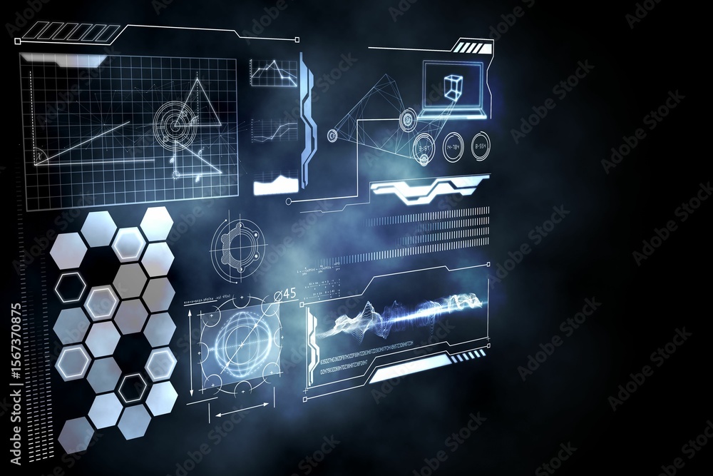 Poster 3d holographic interface is floating in dark void, showing data charts and cube icon