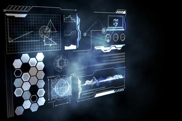 3D holographic interface is floating in dark void, showing data charts and cube icon