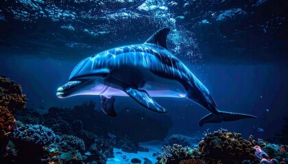 Fototapeta premium dolphin swim in the deep clear blue water, from far away there is dolphin swim