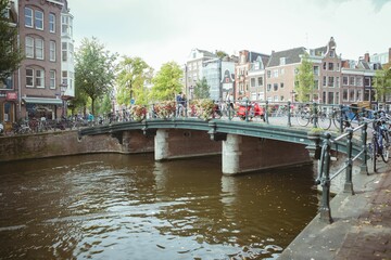 Flat design is depicting green metal pedestrian bridge spanning brown canal with flower baskets
