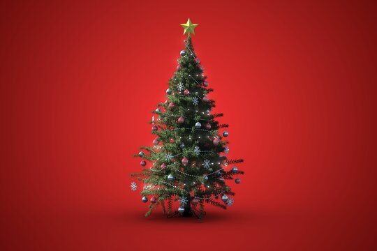 Fototapeta Xmas tree is standing with lights, silver garlands baubles snowflakes topping gold star on red set