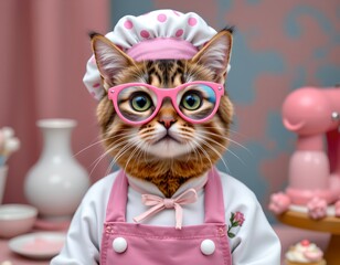 a charming cat dressed as a chef wearing glasses, standing behind a dessert table