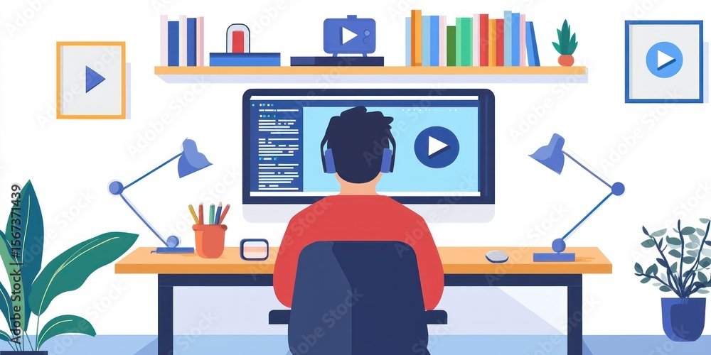 Poster a home workspace with a person attentively listening to an online lecture