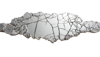 Cracked mirror with numerous fractures positioned near a white wall. Space for text