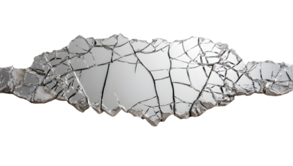 Cracked mirror with numerous fractures positioned near a white wall. Space for text