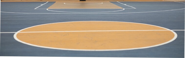 Flat-design empty basketball court showing blue-and-orange surface markings, transparent background