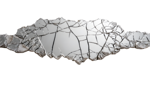 Cracked mirror with numerous fractures positioned near a white wall. Space for text