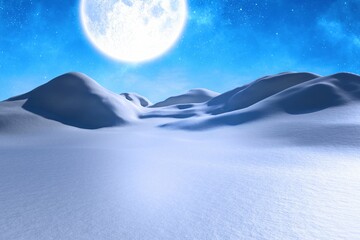 Full moon is illuminating rolling glowing snow dunes under starry flat design night sky