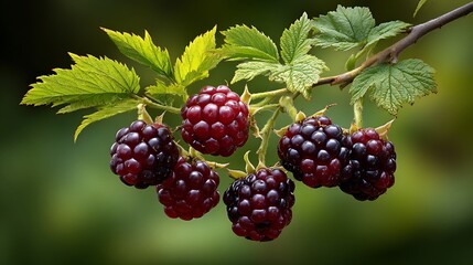 Ripe blackberries cluster on a thorny branch with green leaves against a soft green blurred background in a close up shot