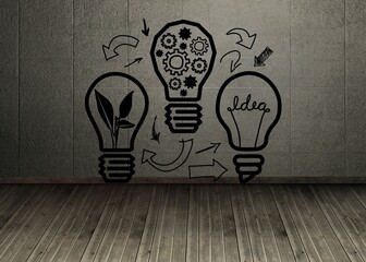Three bulb outlines are appearing on grey concrete wall with arrows, showing plant, gears, idea