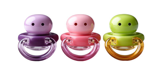 Three colorful baby pacifiers arranged in a row, showcasing vibrant designs against a clean background