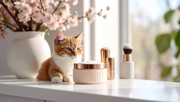powder pf blush on make up on table, catter and floating, there is make up brush