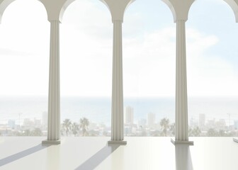 Flat design terrace showing white columns and rounded arches reflecting on smooth floor, ocean view