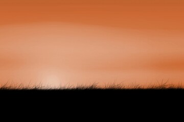 Minimalistic flat design countryside showing glowing sun disk rising above black grass silhouette