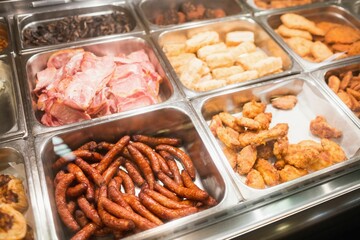Sausages with meat at supermarket