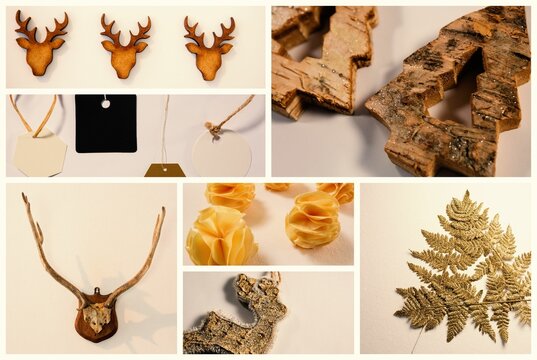 Fototapeta Flat lay collage is showing deer head ornaments and glittered tree shapes on neutral beige surface