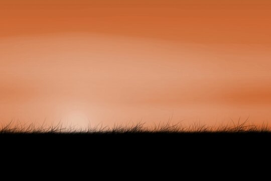 Fototapeta Minimalistic flat design countryside showing glowing sun disk rising above black grass silhouette