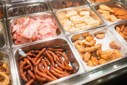 Sausages with meat at supermarket