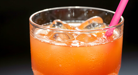 Close-up of a vibrant orange cocktail in a clear glass with ice cubes and a pink straw, set against a dark background for a refreshing beverage presentation
