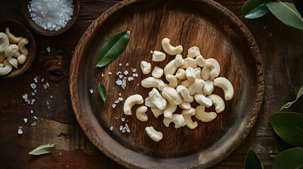 Close up of shelled cashews arranged on a wooden plate with a rustic background surrounded by small leaves and a dash of coarse sea salt for a fresh organic look