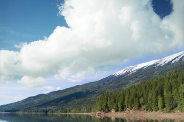 Naklejka premium Scenic view of lake by trees and mountain against cloudy sky