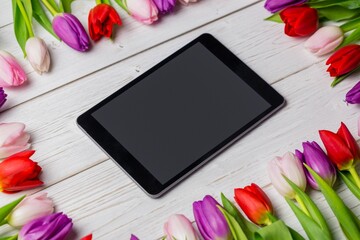 Showing flat lay featuring black tablet diagonally on white wooden tabletop framing tulip blooms