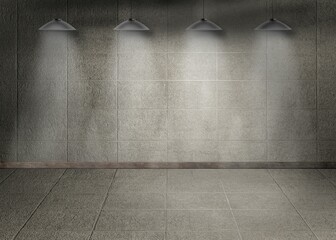 Empty interior is being shown in flat design, with concrete panels, tile flooring and pendant lamps
