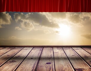 Flat design stage is showing wooden planks and featuring red velvet curtain under sunlit clouds