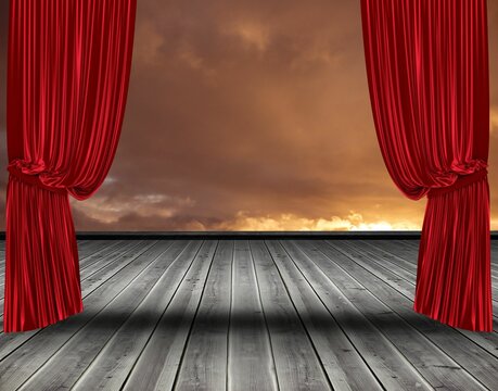 Fototapeta Stage floor and cloudy backdrop are being revealed in flat-design stage with red velvet curtains
